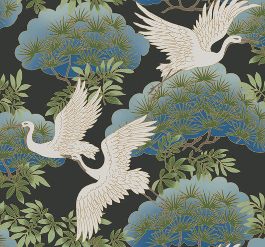 Ronald Redding Tea Garden Sprig & Heron Wallpaper - Black