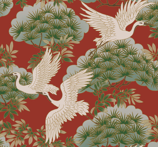 Ronald Redding Tea Garden Sprig & Heron Wallpaper - Red