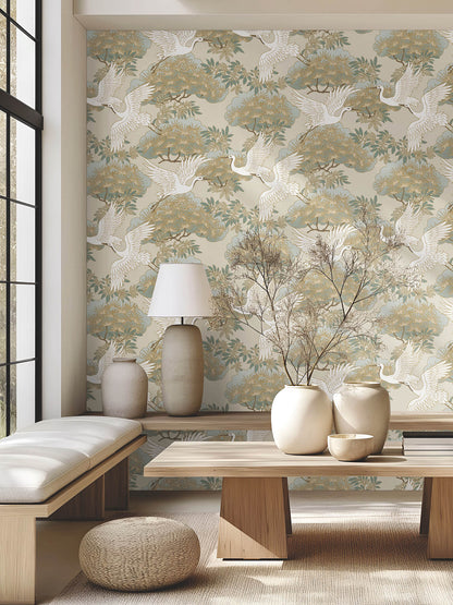 Ronald Redding Tea Garden Sprig & Heron Wallpaper - Beige